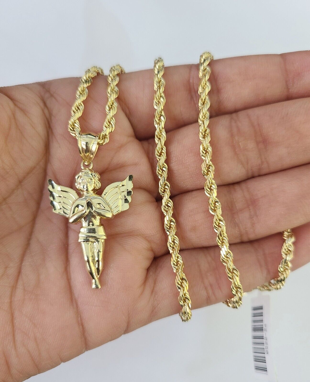 10k 3mm Rope Chain Praying Angel Pendant 18" - 30" Yellow Gold Set Charm Necklace - GoldenlinQ