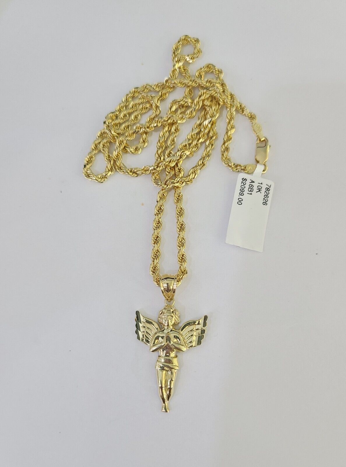 10k 3mm Rope Chain Praying Angel Pendant 18" - 30" Yellow Gold Set Charm Necklace - GoldenlinQ