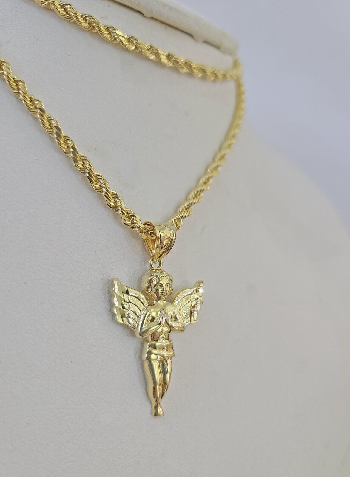 10k 3mm Rope Chain Praying Angel Pendant 18" - 30" Yellow Gold Set Charm Necklace - GoldenlinQ