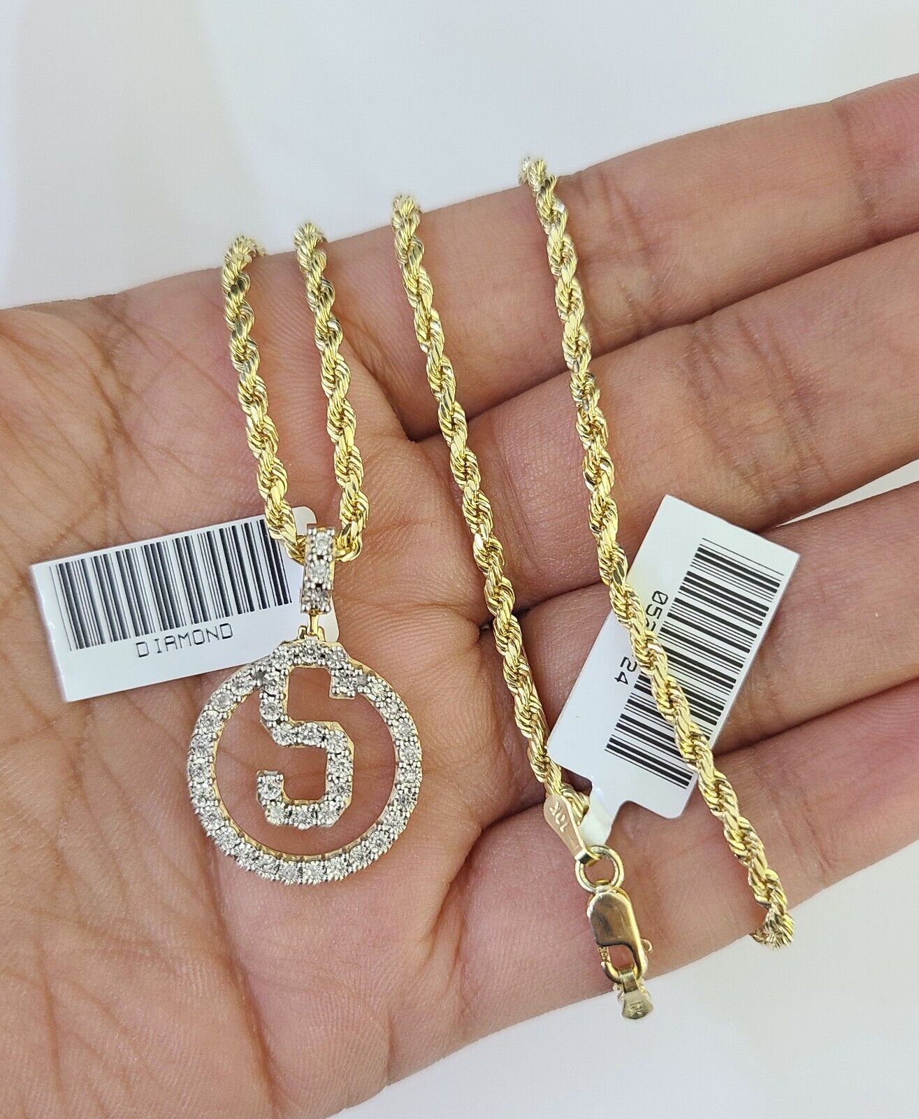 10k 3mm Rope Chain S Diamond Pendant Alphabet 18" - 30" Gold Set Charm Necklace - GoldenlinQ