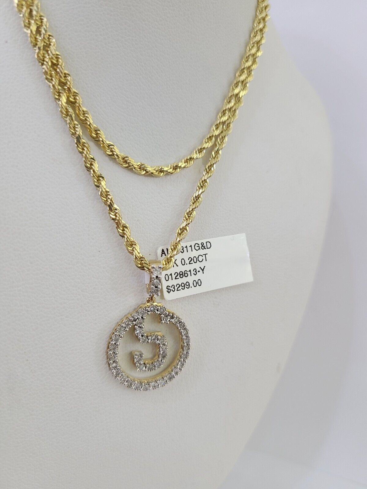 10k 3mm Rope Chain S Diamond Pendant Alphabet 18" - 30" Gold Set Charm Necklace - GoldenlinQ