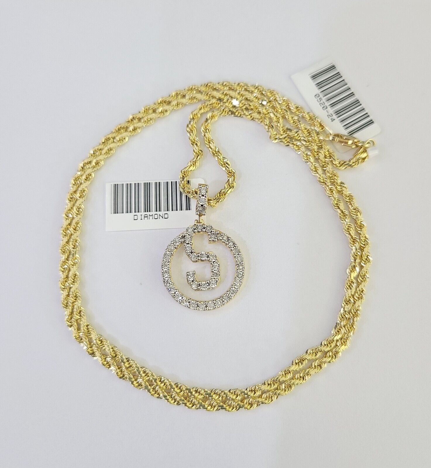 10k 3mm Rope Chain S Diamond Pendant Alphabet 18" - 30" Gold Set Charm Necklace - GoldenlinQ