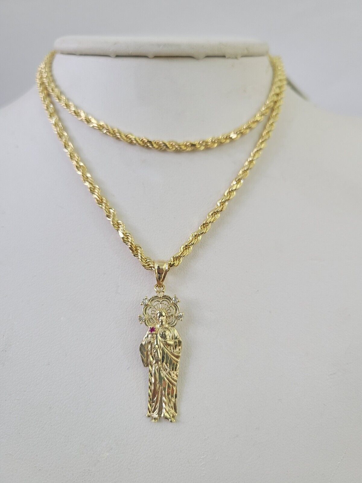 10k 3mm Rope Chain Saint Jude Pendant 18" - 30" Yellow Gold Set Charm Necklace - GoldenlinQ