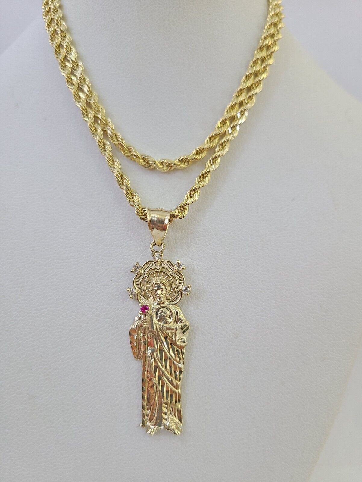 10k 3mm Rope Chain Saint Jude Pendant 18" - 30" Yellow Gold Set Charm Necklace - GoldenlinQ