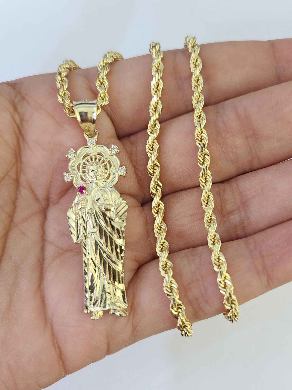10k 3mm Rope Chain Saint Jude Pendant 18" - 30" Yellow Gold Set Charm Necklace - GoldenlinQ
