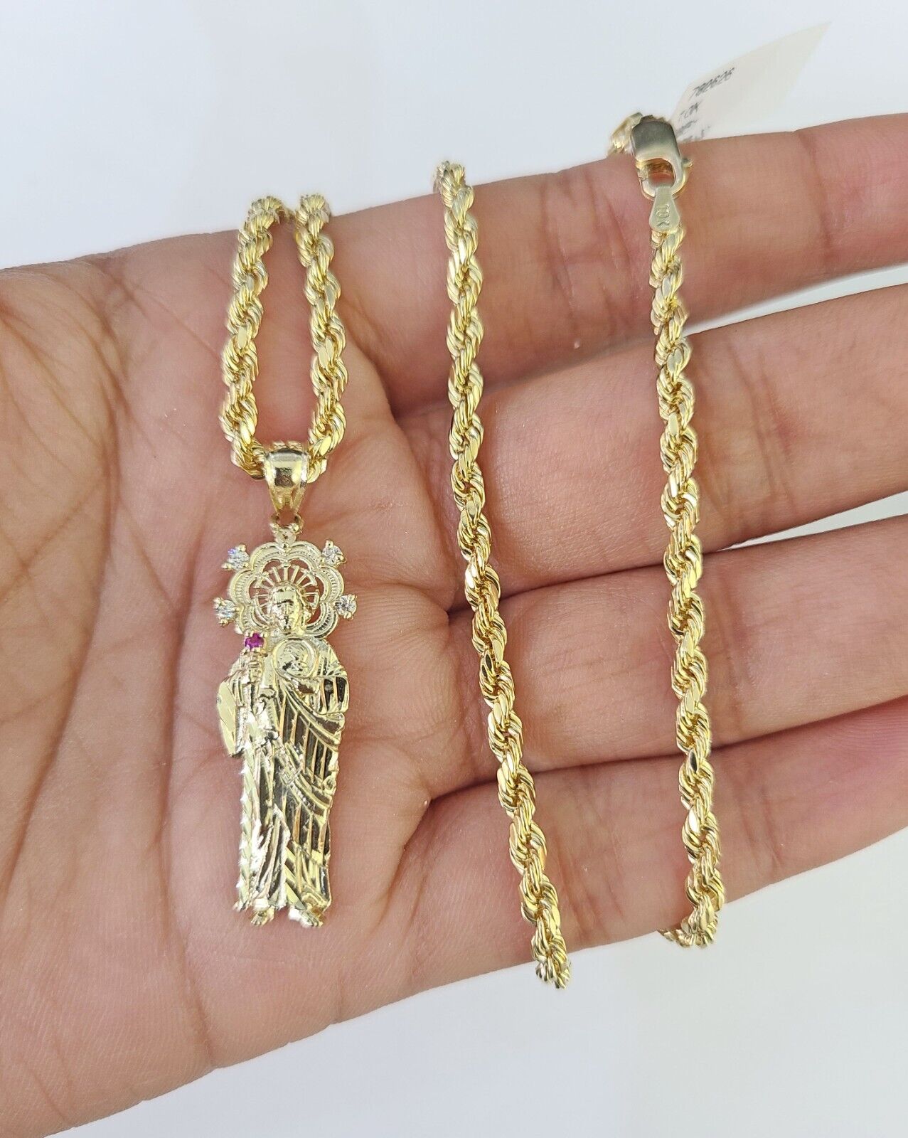 10k 3mm Rope Chain Saint Jude Pendant 18" - 30" Yellow Gold Set Charm Necklace - GoldenlinQ