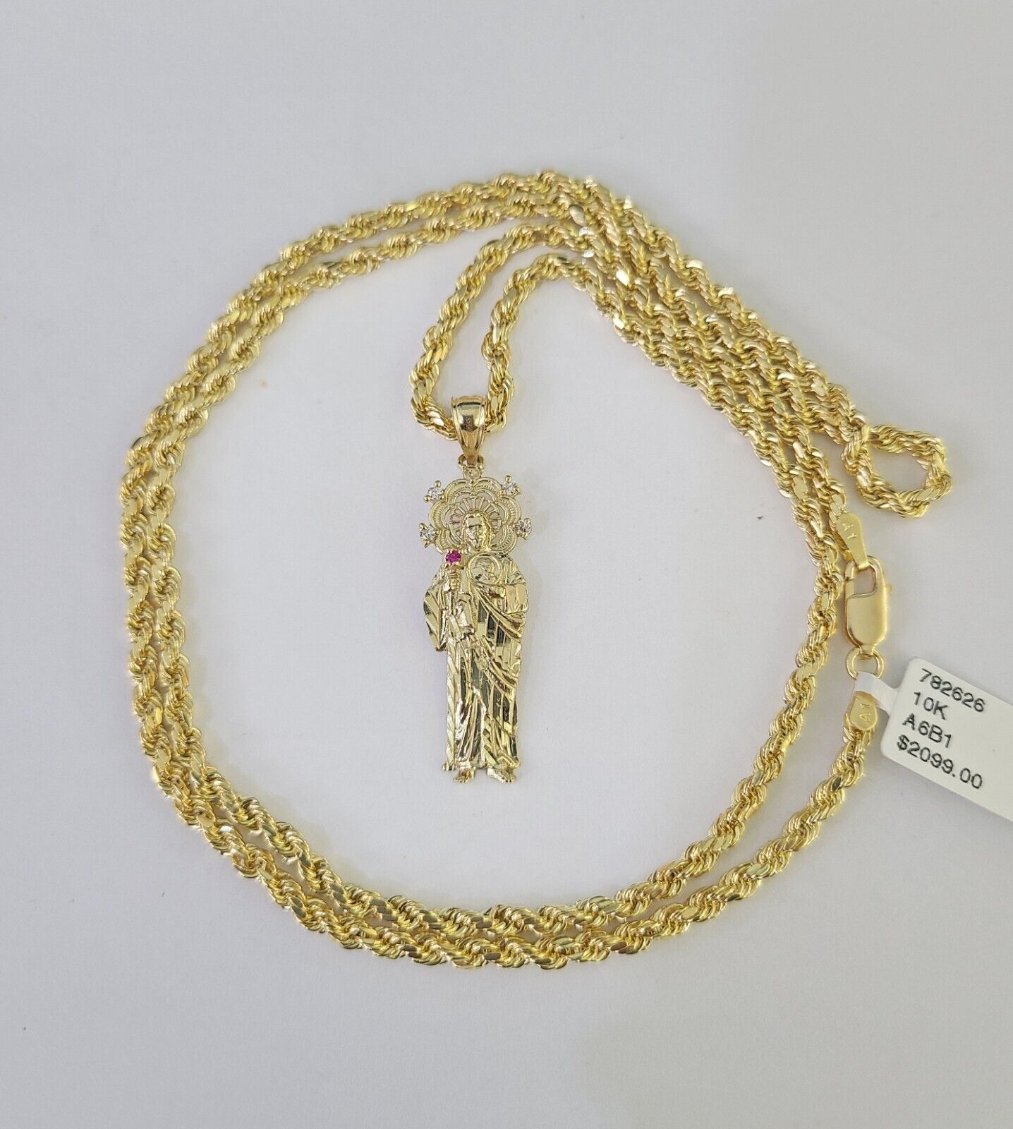 10k 3mm Rope Chain Saint Jude Pendant 18" - 30" Yellow Gold Set Charm Necklace - GoldenlinQ