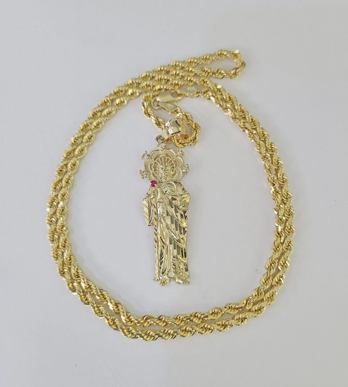 10k 3mm Rope Chain Saint Jude Pendant 18" - 30" Yellow Gold Set Charm Necklace - GoldenlinQ