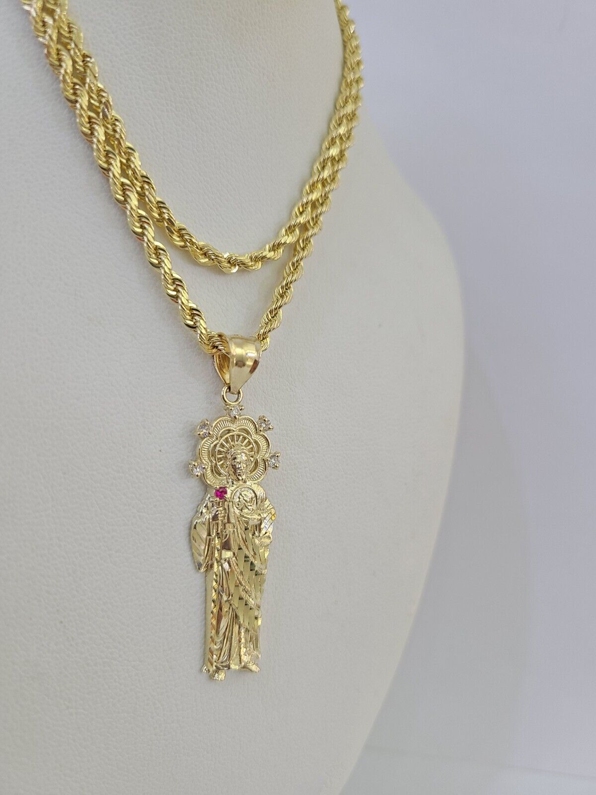 10k 3mm Rope Chain Saint Jude Pendant 18" - 30" Yellow Gold Set Charm Necklace - GoldenlinQ