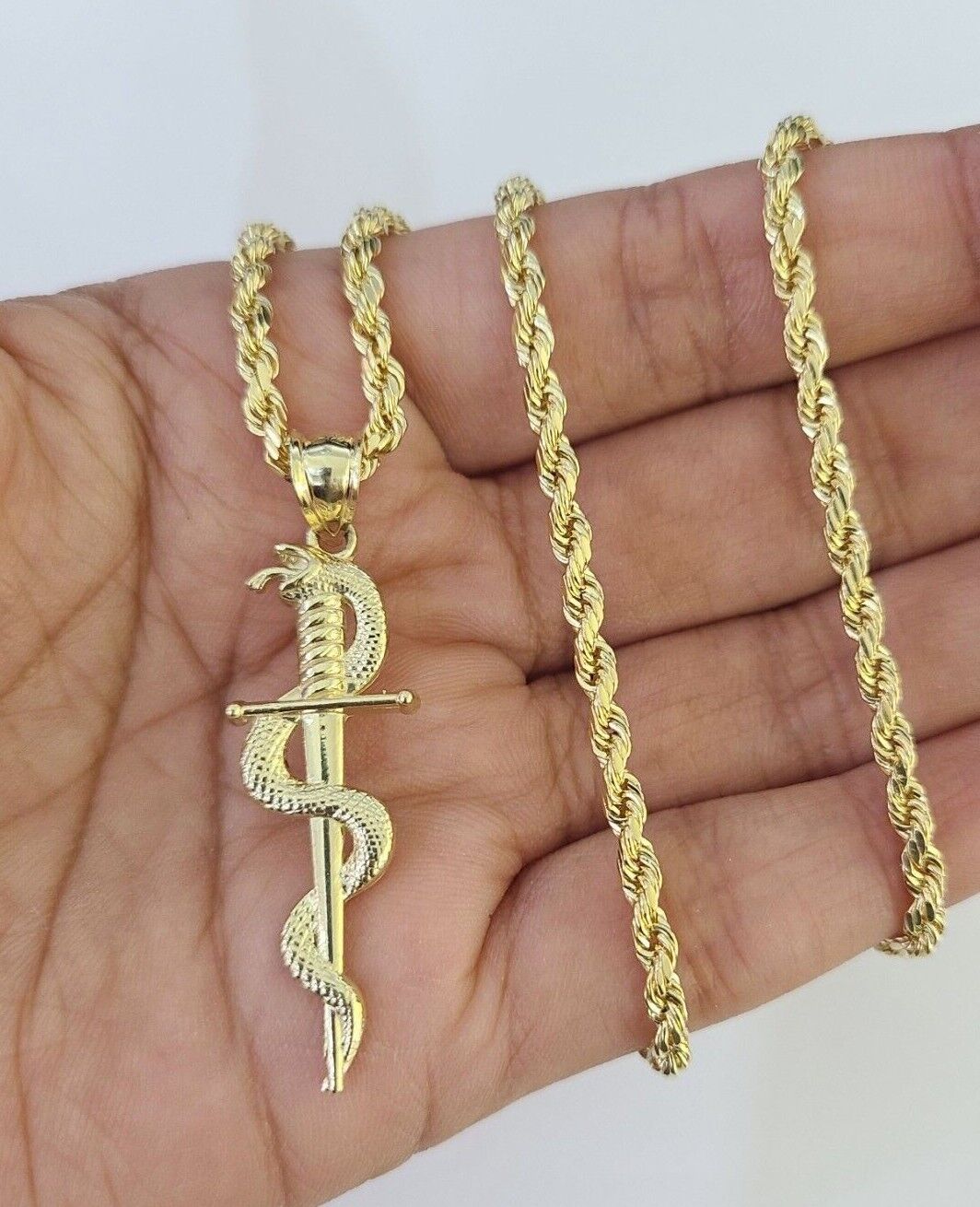 10k 3mm Rope Chain Snake Sword Pendant 18" - 30" Yellow Gold Set Charm Necklace - GoldenlinQ