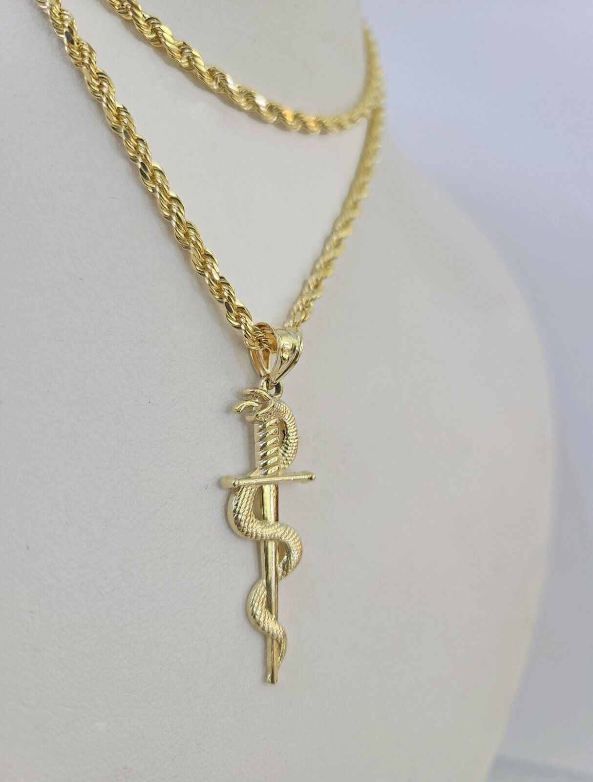 10k 3mm Rope Chain Snake Sword Pendant 18" - 30" Yellow Gold Set Charm Necklace - GoldenlinQ