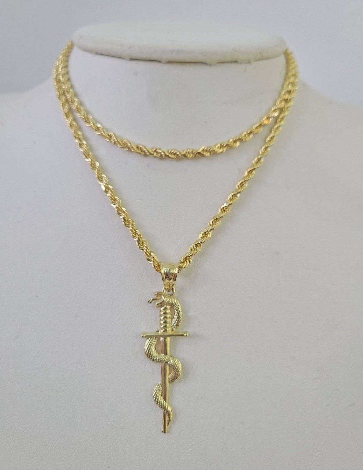 10k 3mm Rope Chain Snake Sword Pendant 18" - 30" Yellow Gold Set Charm Necklace - GoldenlinQ