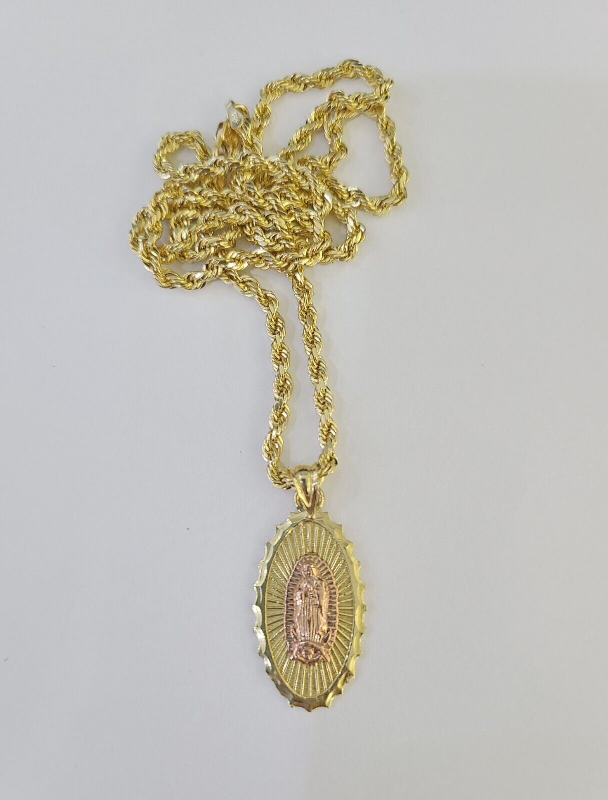 10k 3mm Rope Chain Virgin Mary Pendant 18" - 30" Yellow Gold Set Charm Necklace - GoldenlinQ