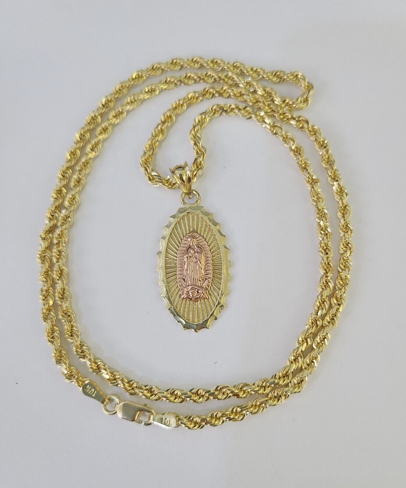 10k 3mm Rope Chain Virgin Mary Pendant 18" - 30" Yellow Gold Set Charm Necklace - GoldenlinQ