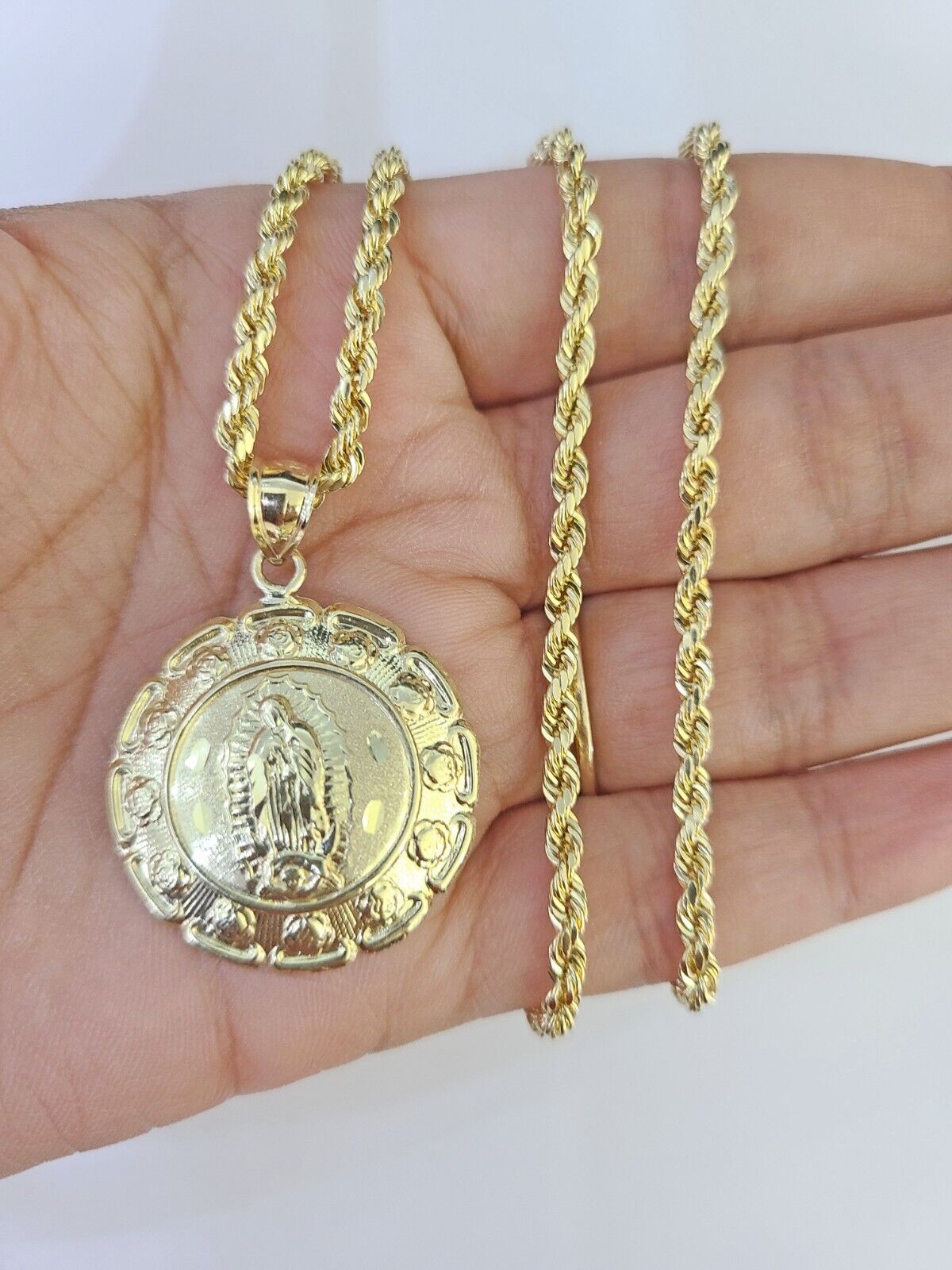 10k 3mm Rope Chain Virgin Mary Pendant 18" - 30" Yellow Gold Set Charm Necklace - GoldenlinQ
