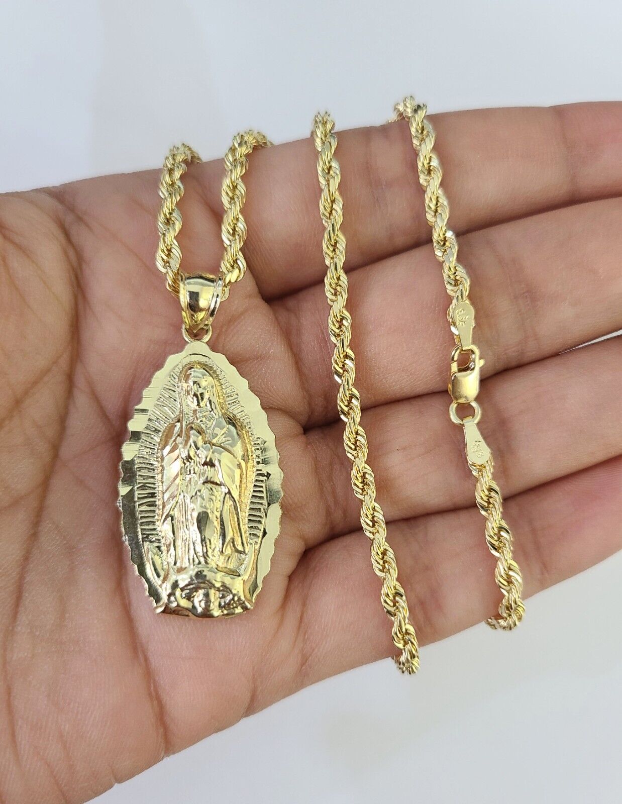 10k 3mm Rope Chain Virgin Mary Pendant 18" - 30" Yellow Gold Set Charm Necklace - GoldenlinQ