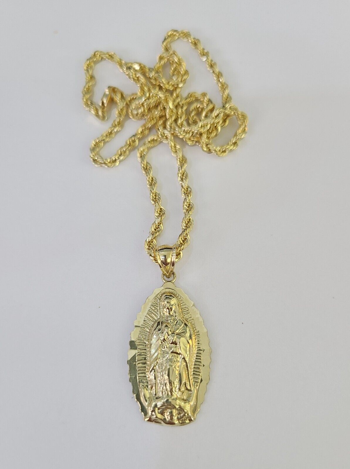10k 3mm Rope Chain Virgin Mary Pendant 18" - 30" Yellow Gold Set Charm Necklace - GoldenlinQ