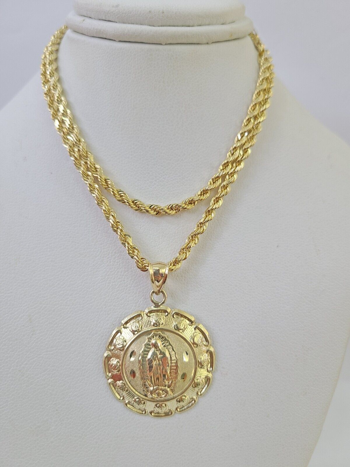 10k 3mm Rope Chain Virgin Mary Pendant 18" - 30" Yellow Gold Set Charm Necklace - GoldenlinQ