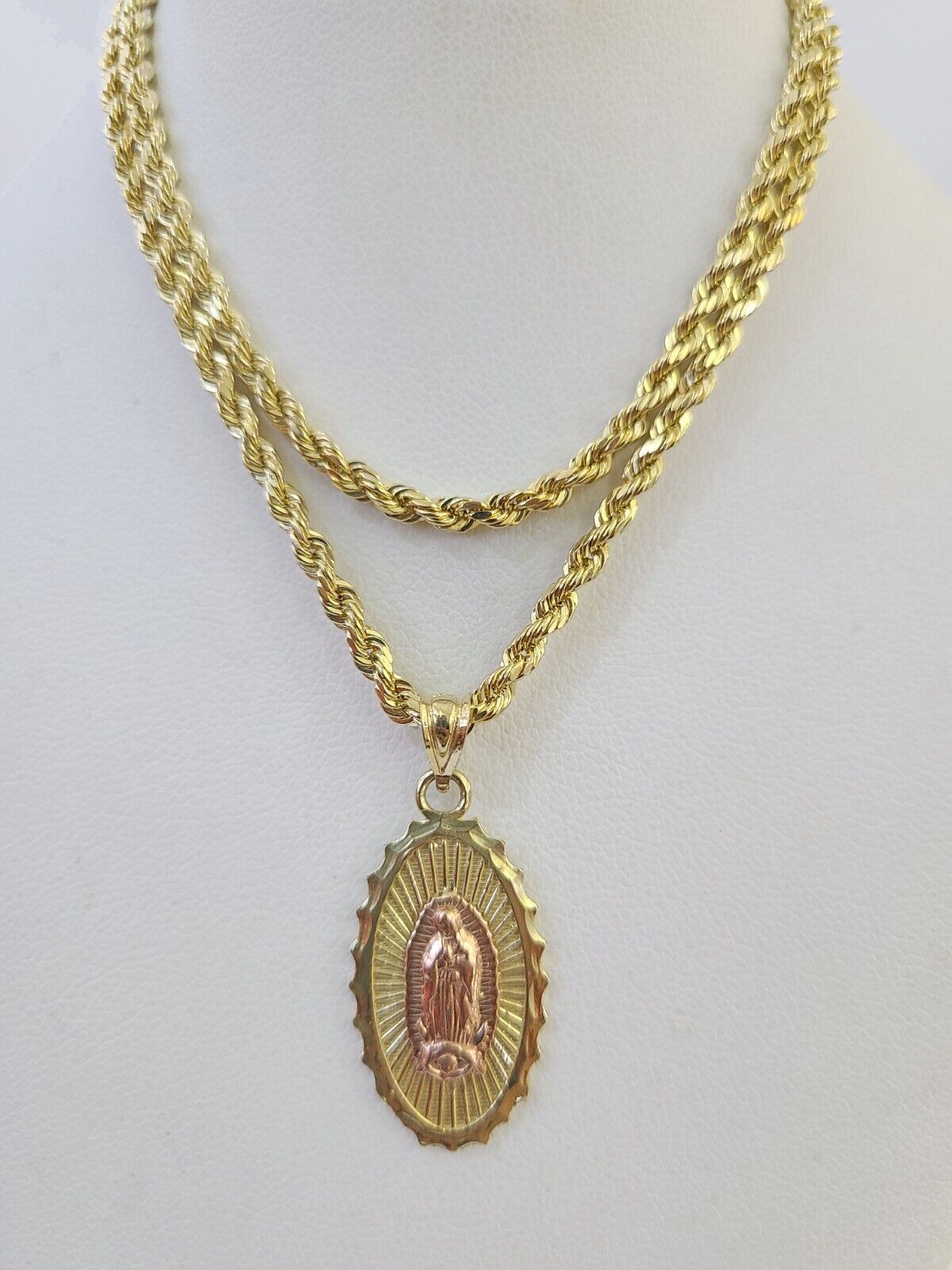 10k 3mm Rope Chain Virgin Mary Pendant 18" - 30" Yellow Gold Set Charm Necklace - GoldenlinQ