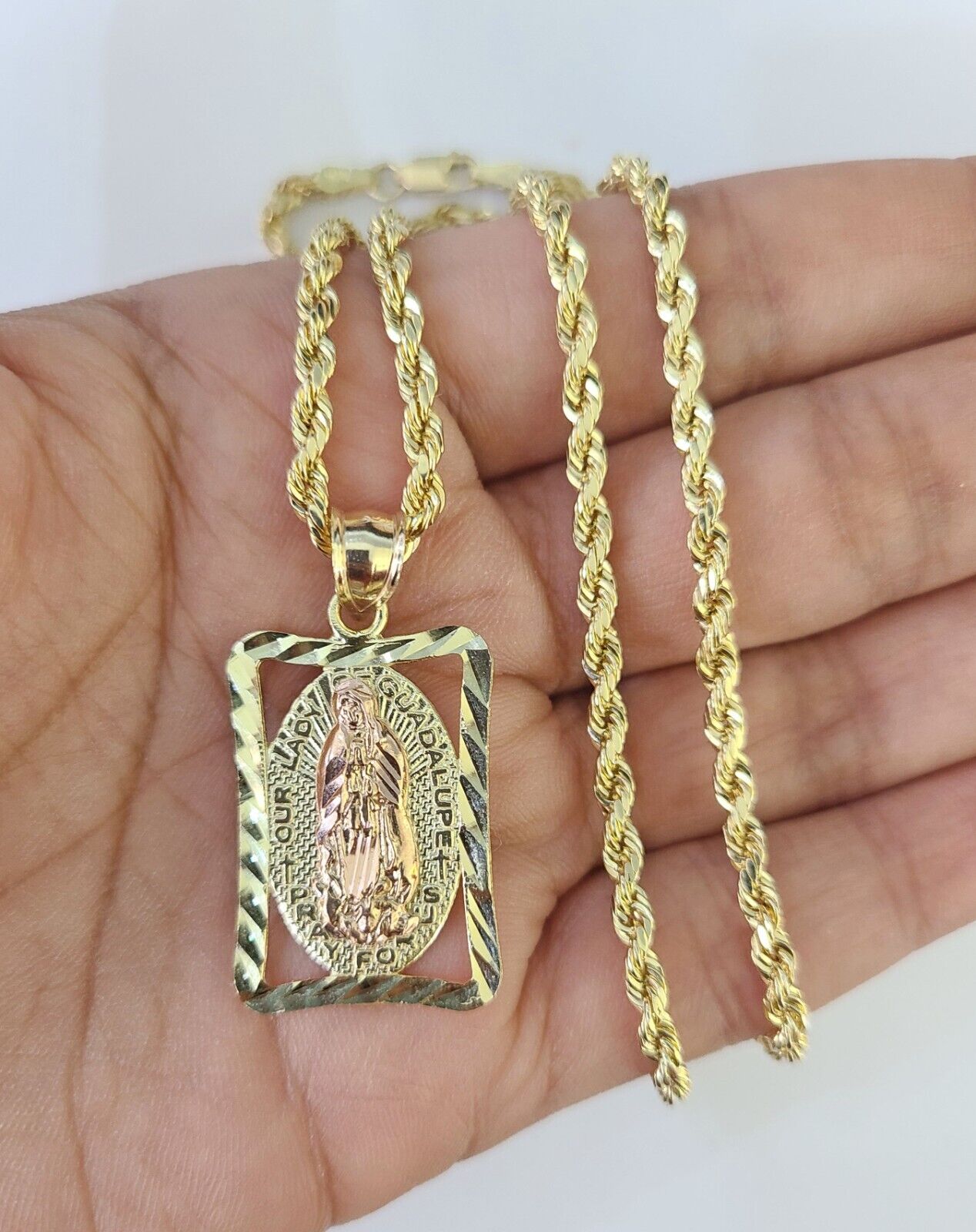 10k 3mm Rope Chain Virgin Mary Pendant 18" - 30" Yellow Gold Set Charm Necklace - GoldenlinQ