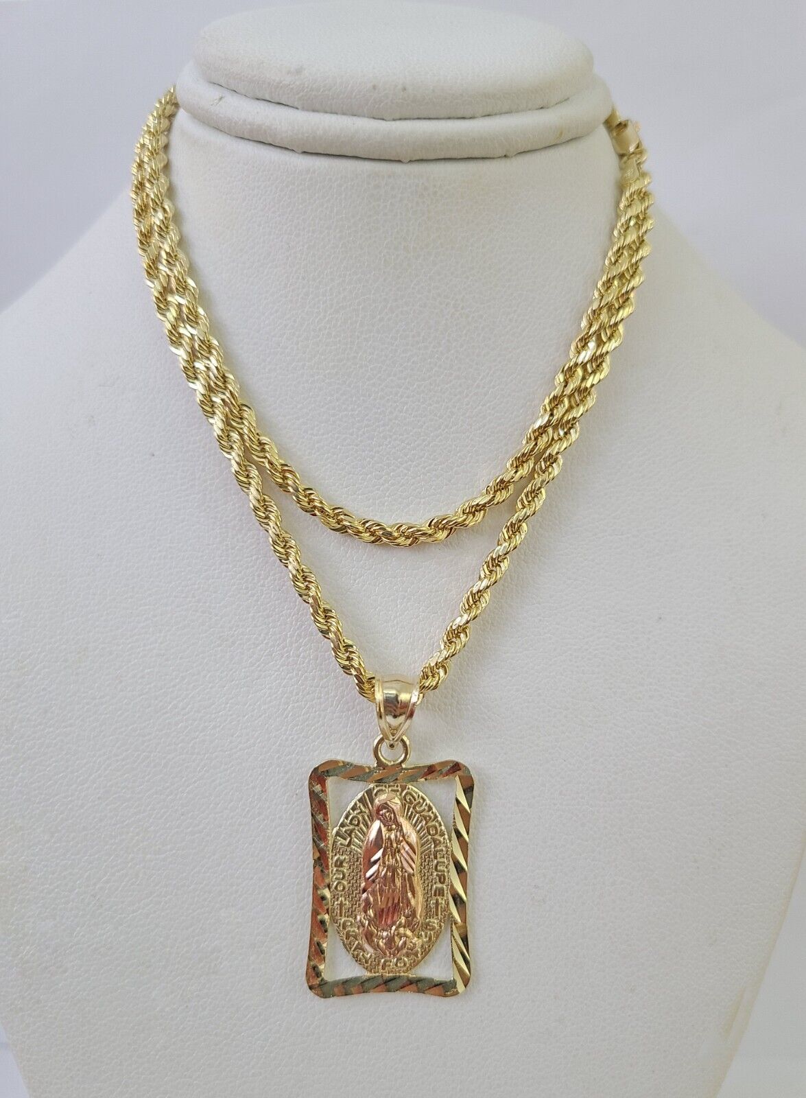 10k 3mm Rope Chain Virgin Mary Pendant 18" - 30" Yellow Gold Set Charm Necklace - GoldenlinQ