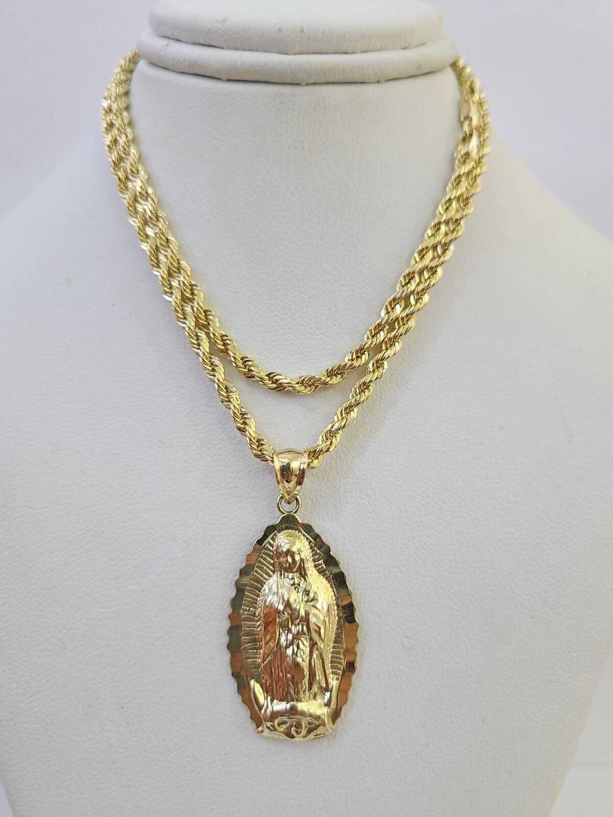 10k 3mm Rope Chain Virgin Mary Pendant 18" - 30" Yellow Gold Set Charm Necklace - GoldenlinQ