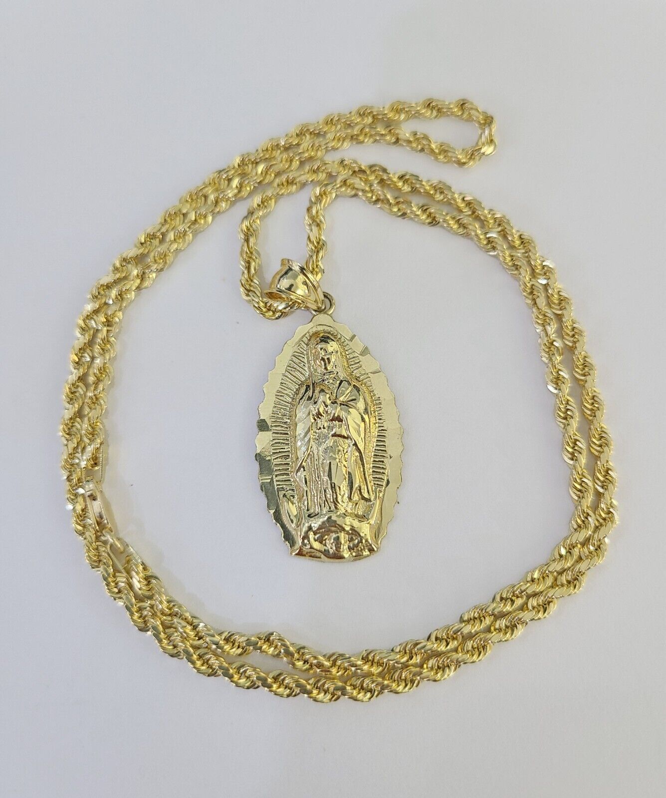 10k 3mm Rope Chain Virgin Mary Pendant 18" - 30" Yellow Gold Set Charm Necklace - GoldenlinQ
