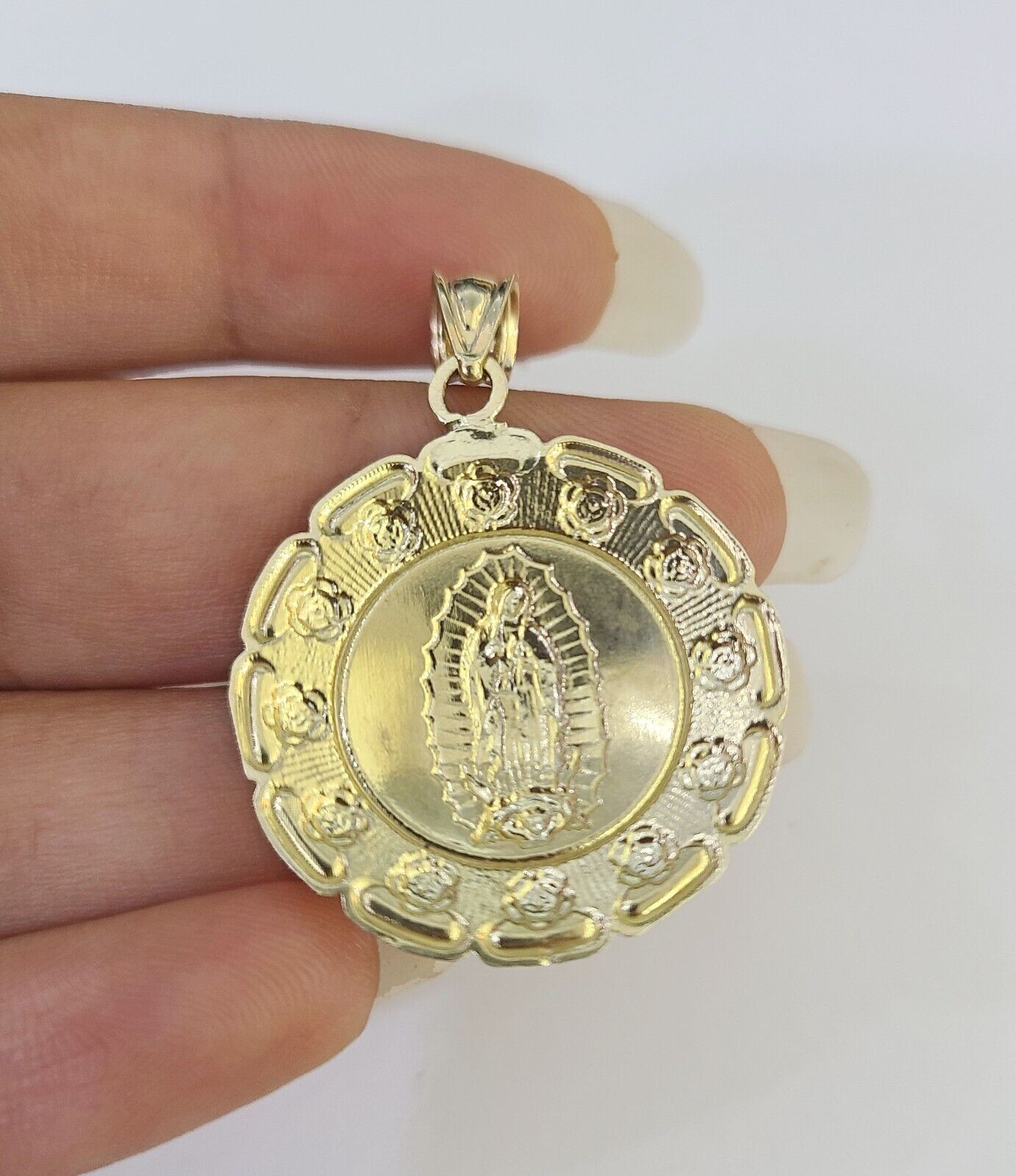 10k 3mm Rope Chain Virgin Mary Pendant 18" - 30" Yellow Gold Set Charm Necklace - GoldenlinQ