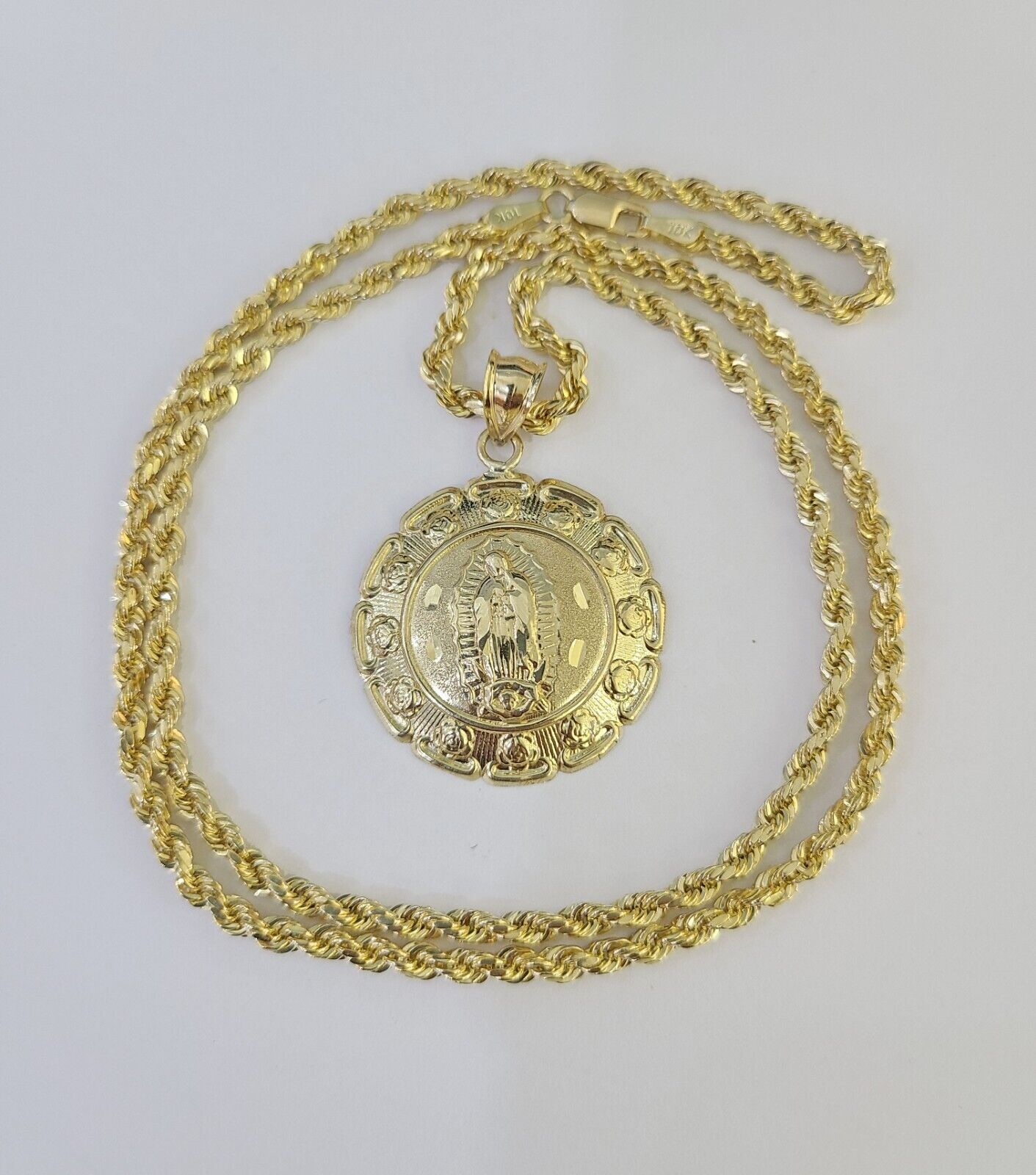 10k 3mm Rope Chain Virgin Mary Pendant 18" - 30" Yellow Gold Set Charm Necklace - GoldenlinQ