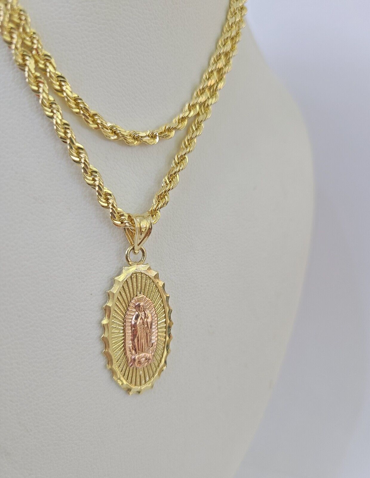 10k 3mm Rope Chain Virgin Mary Pendant 18" - 30" Yellow Gold Set Charm Necklace - GoldenlinQ
