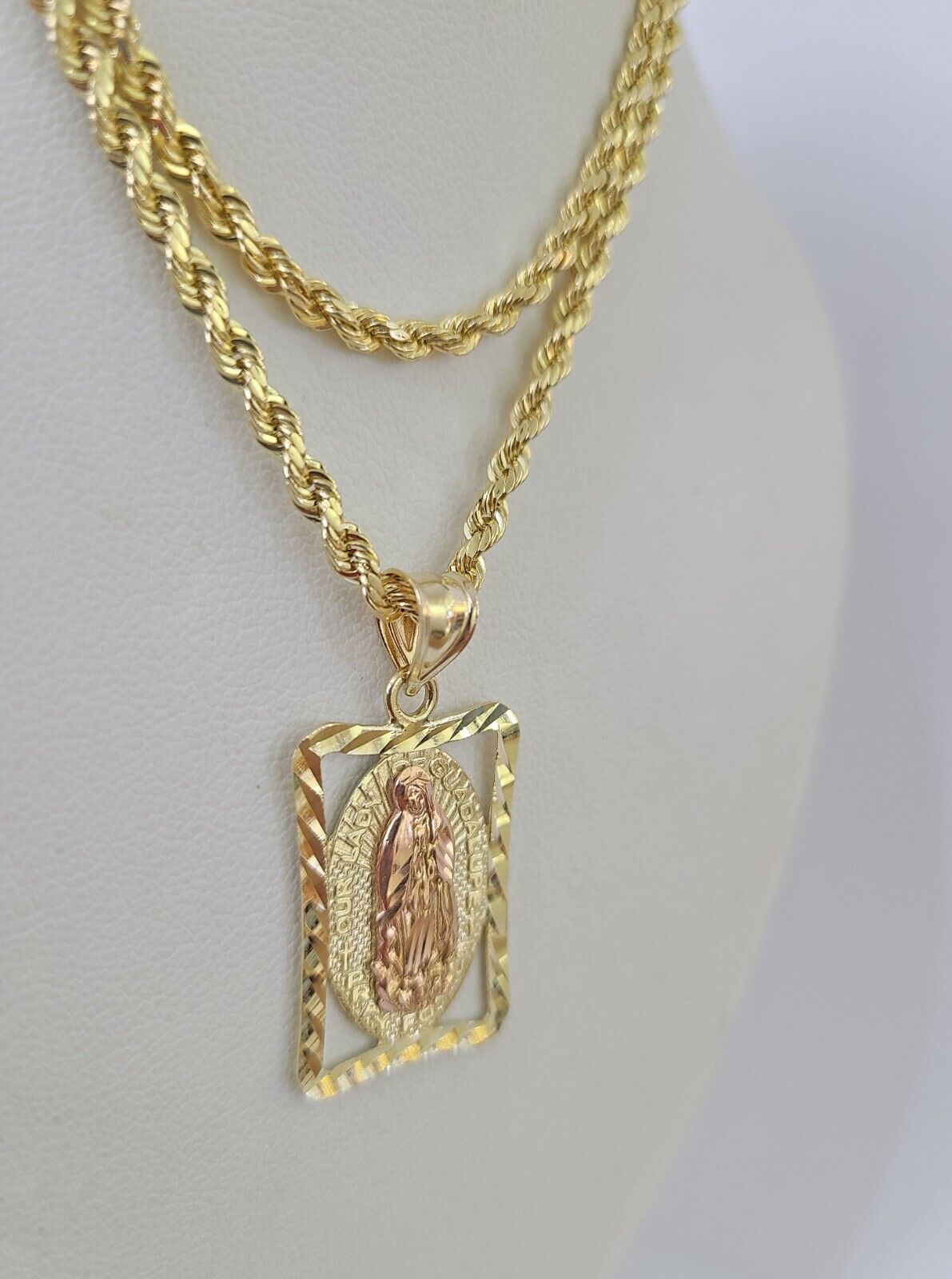 10k 3mm Rope Chain Virgin Mary Pendant 18" - 30" Yellow Gold Set Charm Necklace - GoldenlinQ