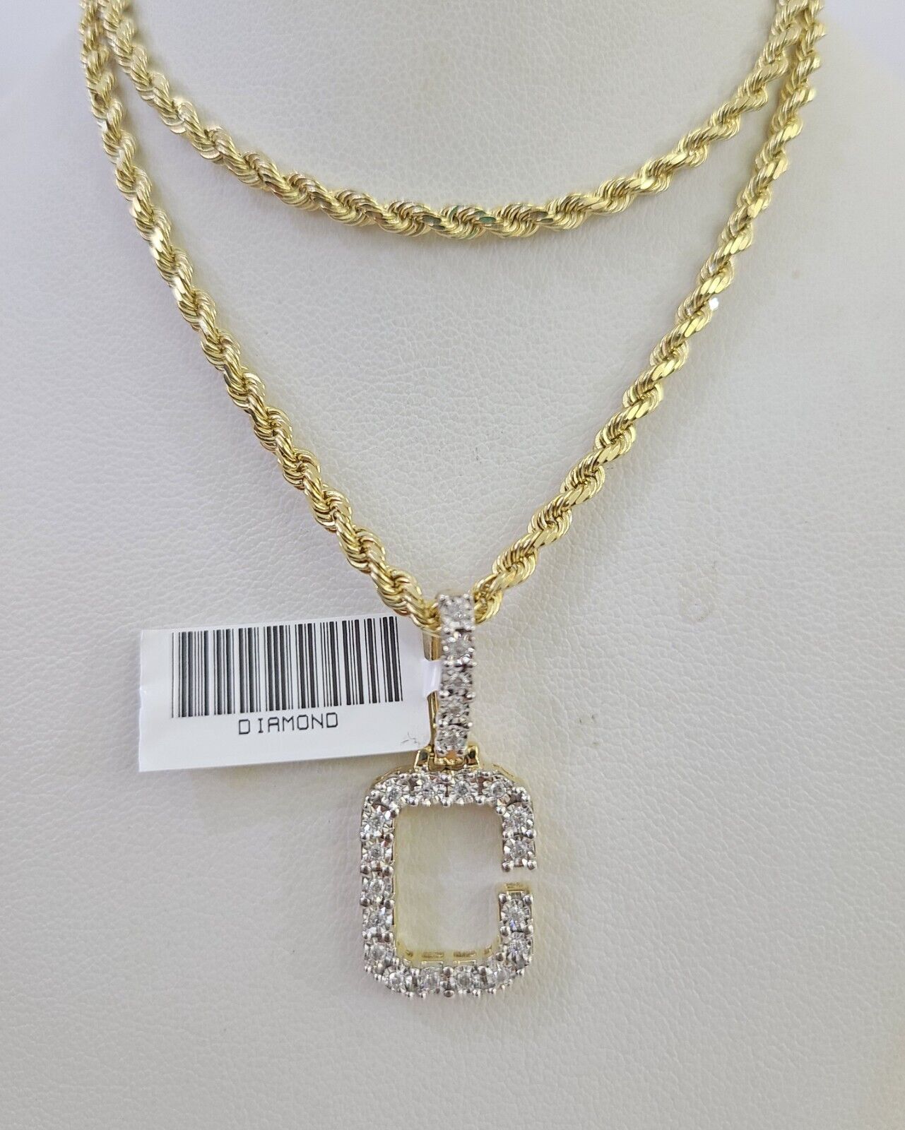 10k 3mm Rope Solid Chain C Diamond Pendant Alphabet 18" - 28" Gold Charm Necklace - GoldenlinQ