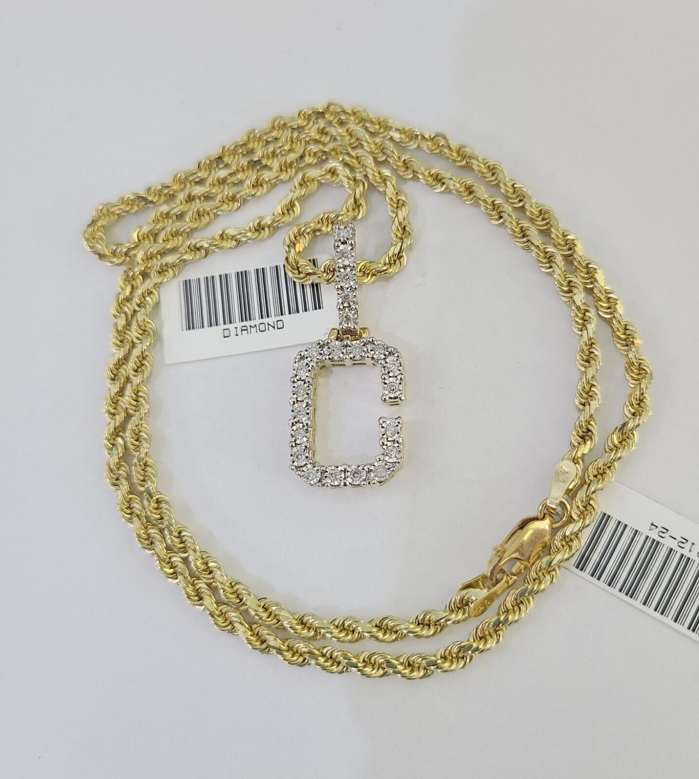 10k 3mm Rope Solid Chain C Diamond Pendant Alphabet 18" - 28" Gold Charm Necklace - GoldenlinQ