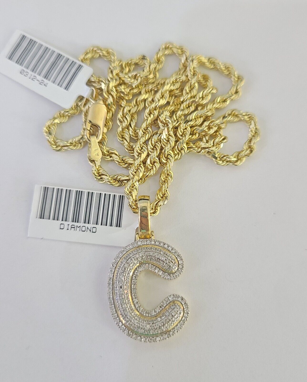10k 3mm Rope Solid Chain C Diamond Pendant Alphabet 18" - 28" Gold Charm Necklace - GoldenlinQ