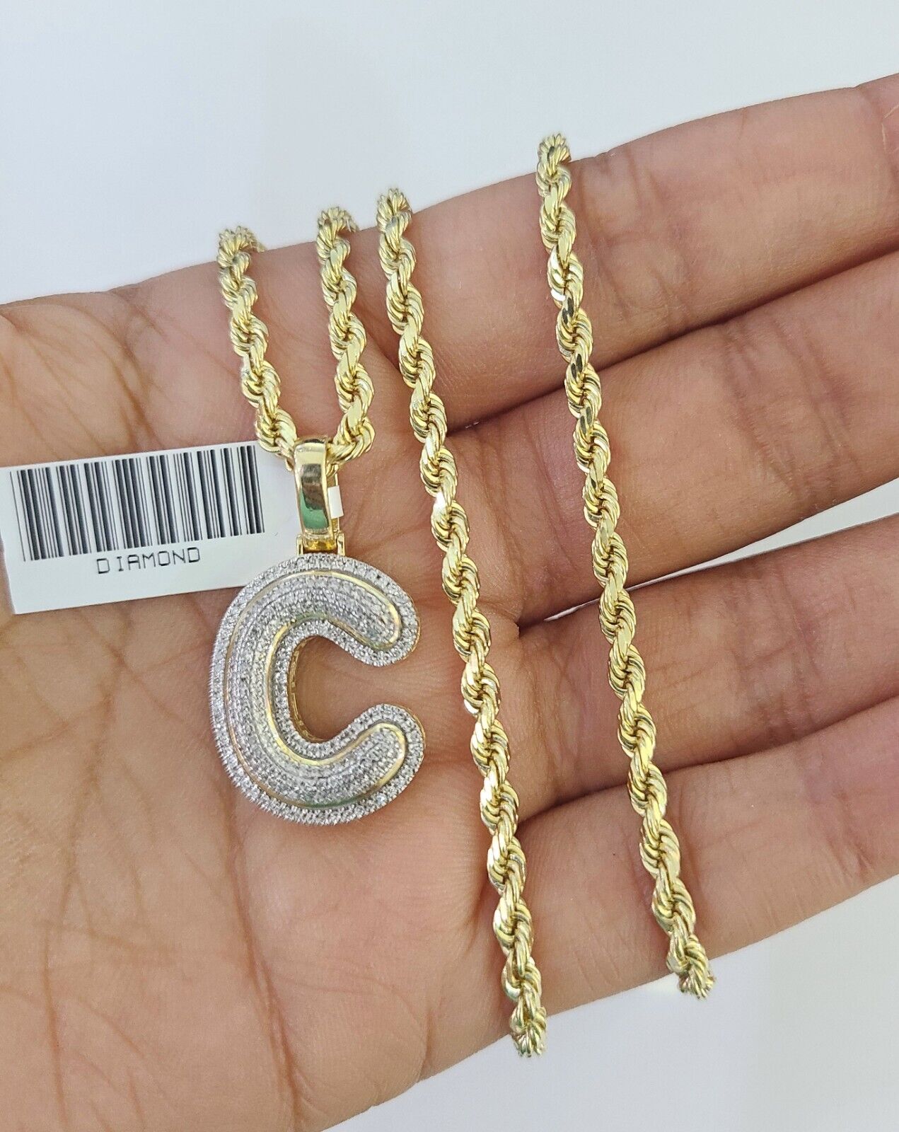 10k 3mm Rope Solid Chain C Diamond Pendant Alphabet 18" - 28" Gold Charm Necklace - GoldenlinQ