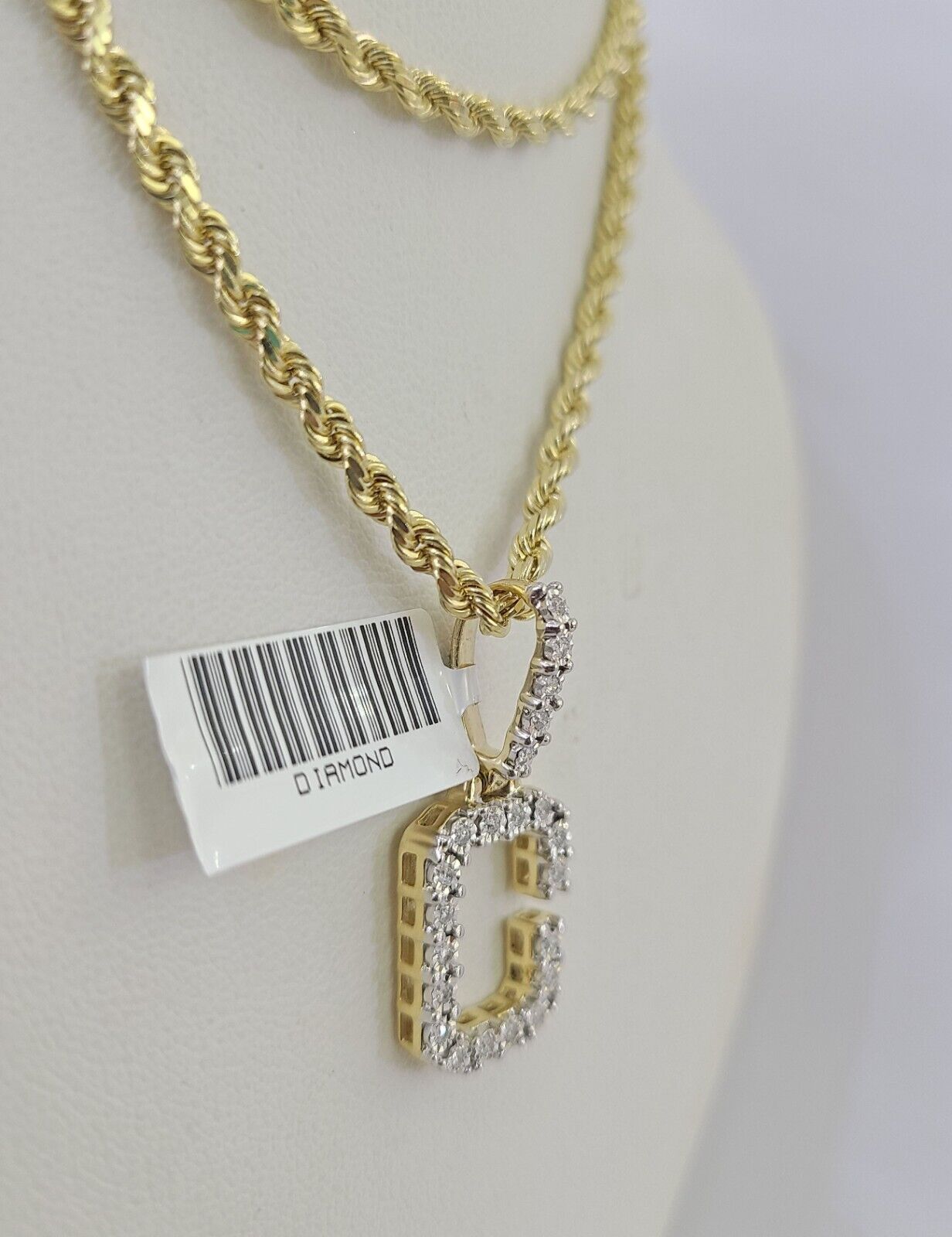10k 3mm Rope Solid Chain C Diamond Pendant Alphabet 18" - 28" Gold Charm Necklace - GoldenlinQ