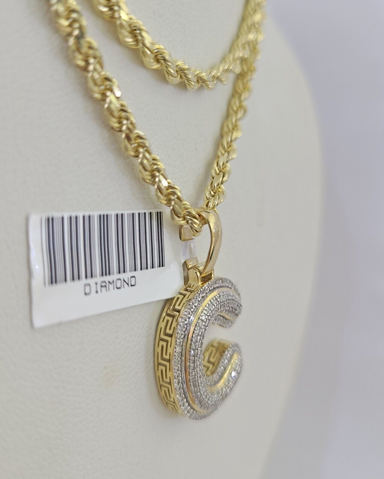 10k 3mm Rope Solid Chain C Diamond Pendant Alphabet 18" - 28" Gold Charm Necklace - GoldenlinQ