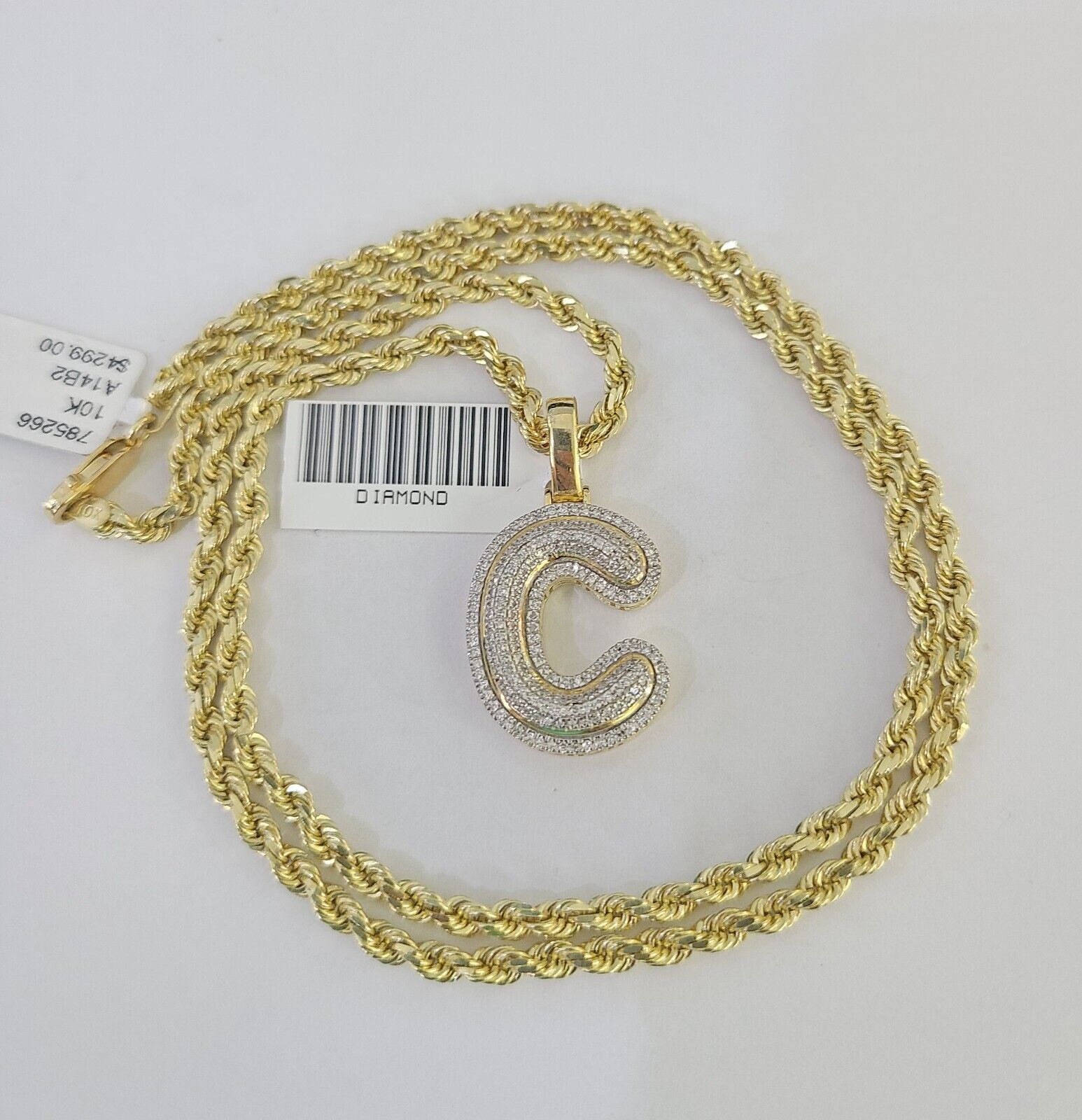 10k 3mm Rope Solid Chain C Diamond Pendant Alphabet 18" - 28" Gold Charm Necklace - GoldenlinQ