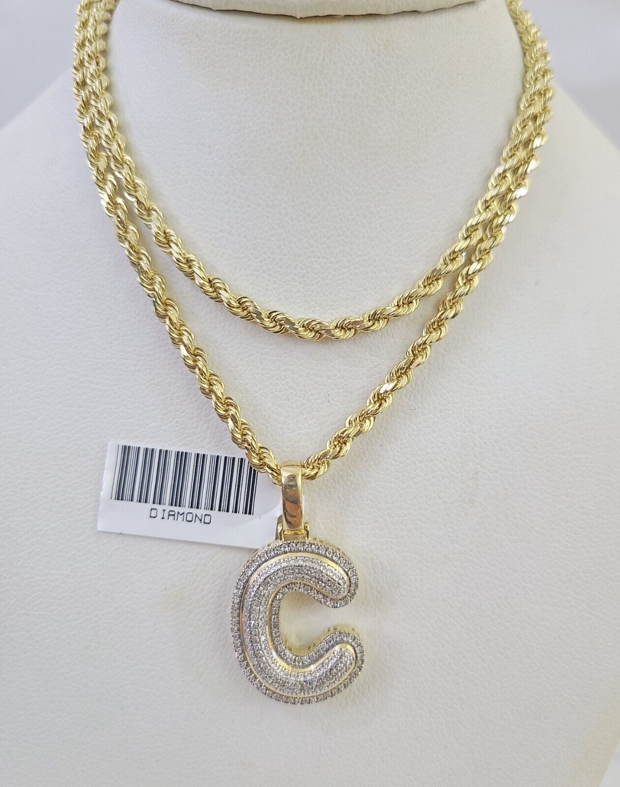 10k 3mm Rope Solid Chain C Diamond Pendant Alphabet 18" - 28" Gold Charm Necklace - GoldenlinQ