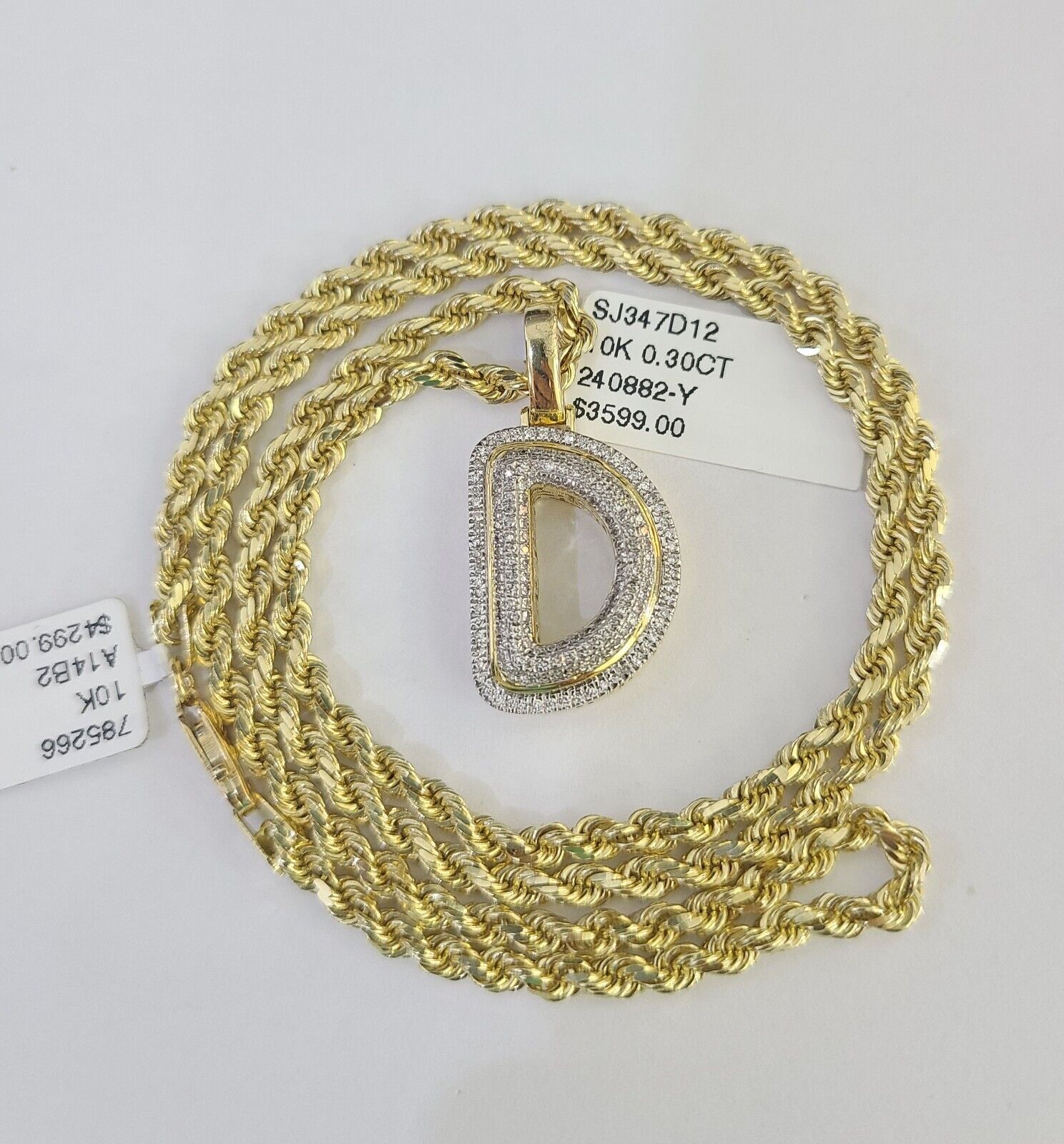 10k 3mm Rope Solid Chain D Diamond Pendant Alphabet 18" - 28" Gold Charm Necklace - GoldenlinQ