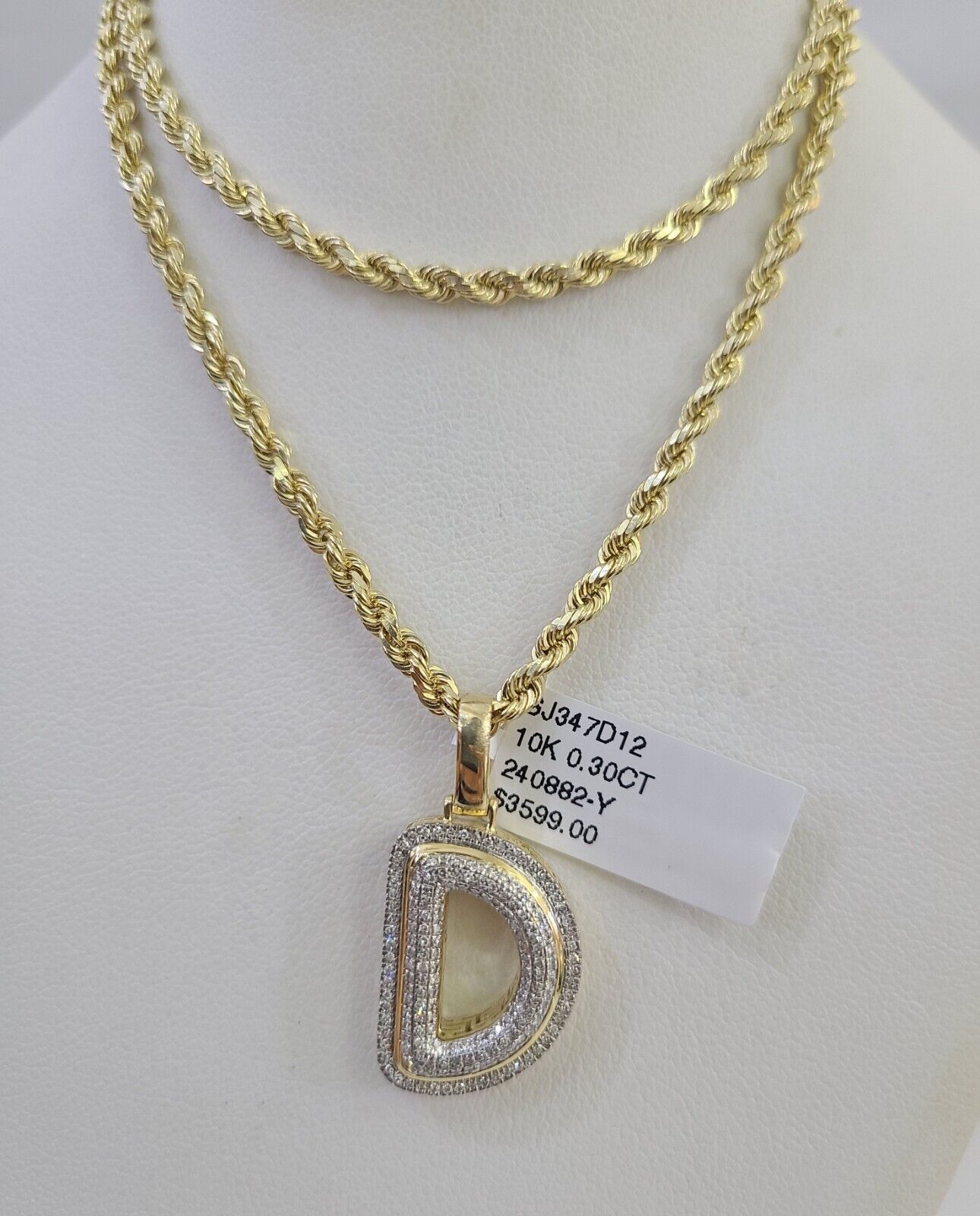 10k 3mm Rope Solid Chain D Diamond Pendant Alphabet 18" - 28" Gold Charm Necklace - GoldenlinQ