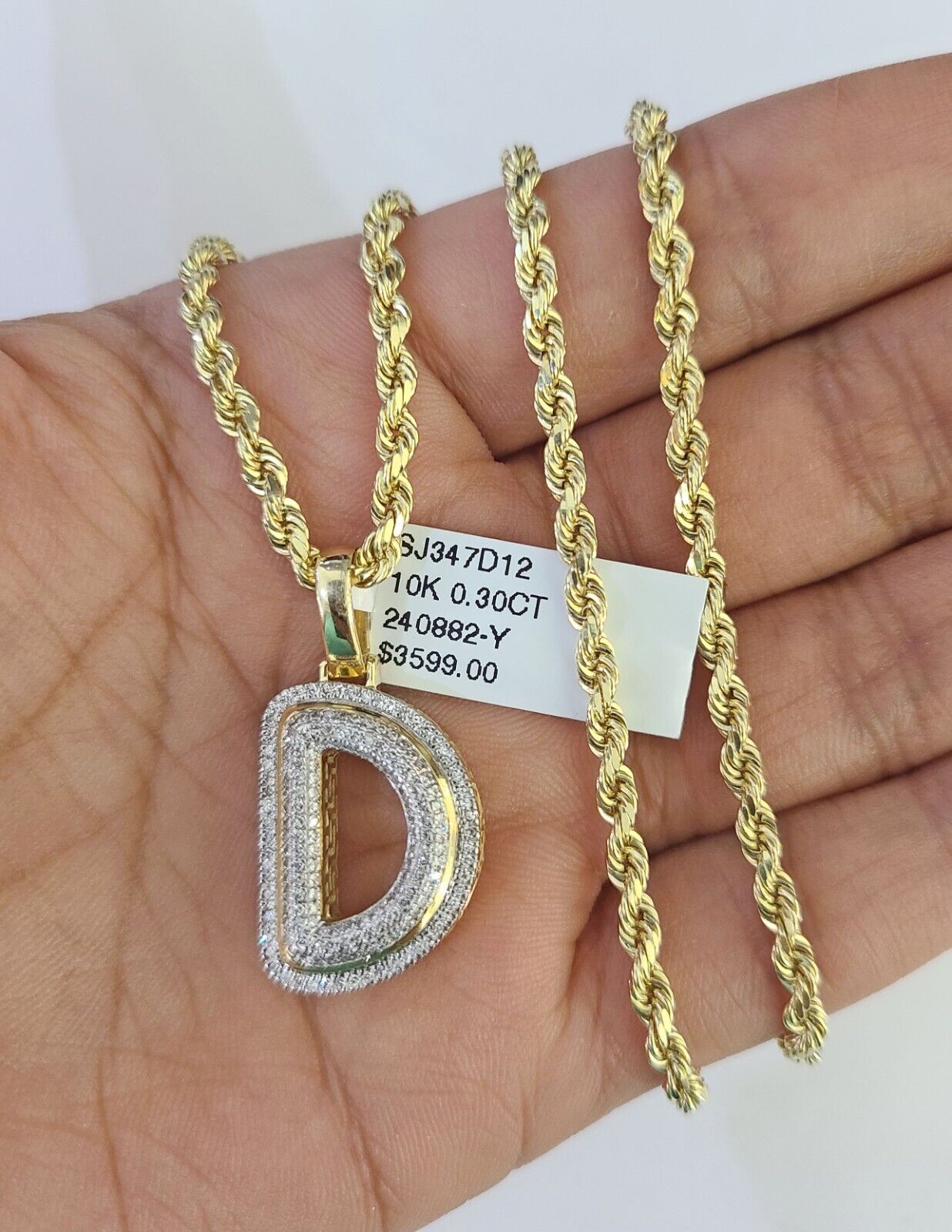 10k 3mm Rope Solid Chain D Diamond Pendant Alphabet 18" - 28" Gold Charm Necklace - GoldenlinQ