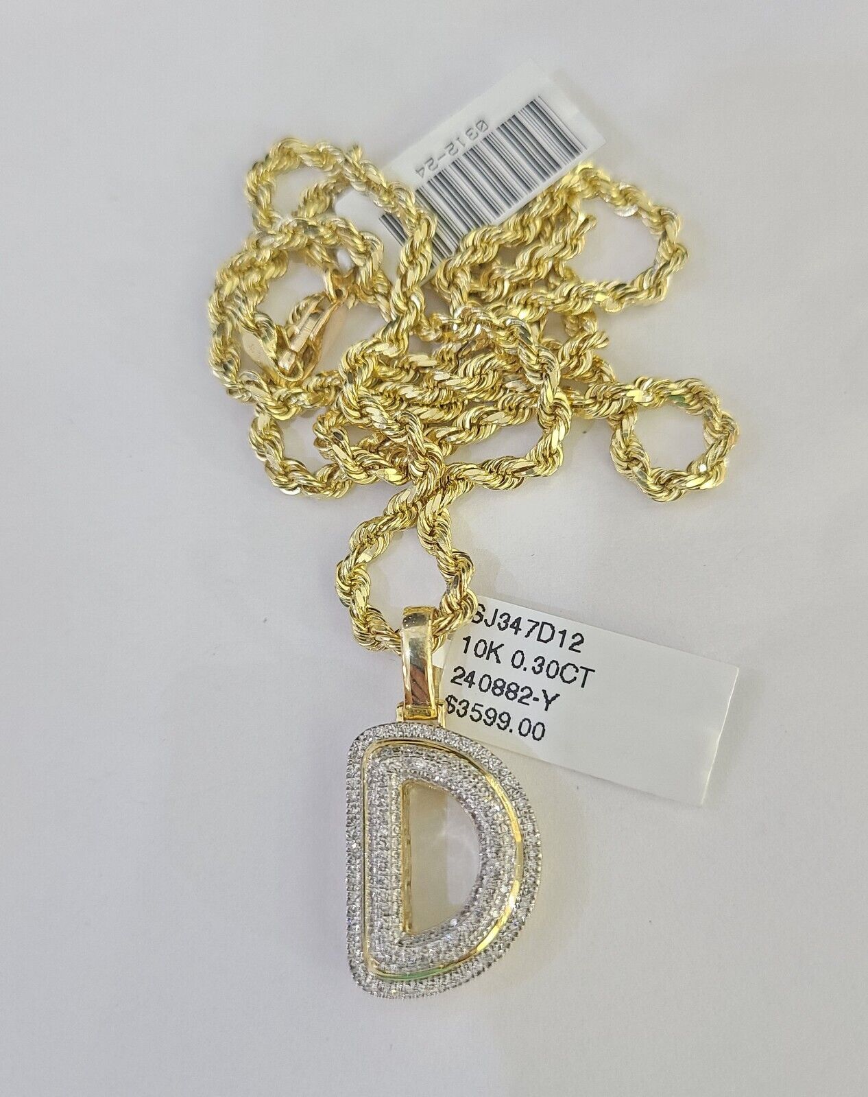 10k 3mm Rope Solid Chain D Diamond Pendant Alphabet 18" - 28" Gold Charm Necklace - GoldenlinQ