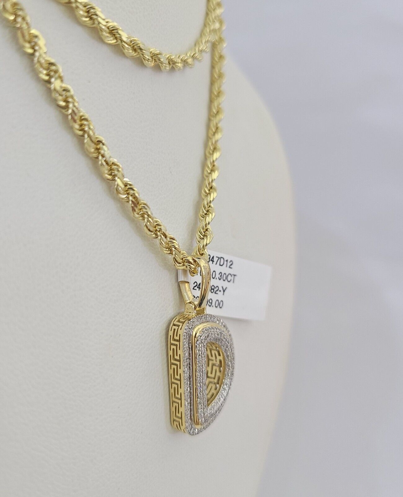 10k 3mm Rope Solid Chain D Diamond Pendant Alphabet 18" - 28" Gold Charm Necklace - GoldenlinQ
