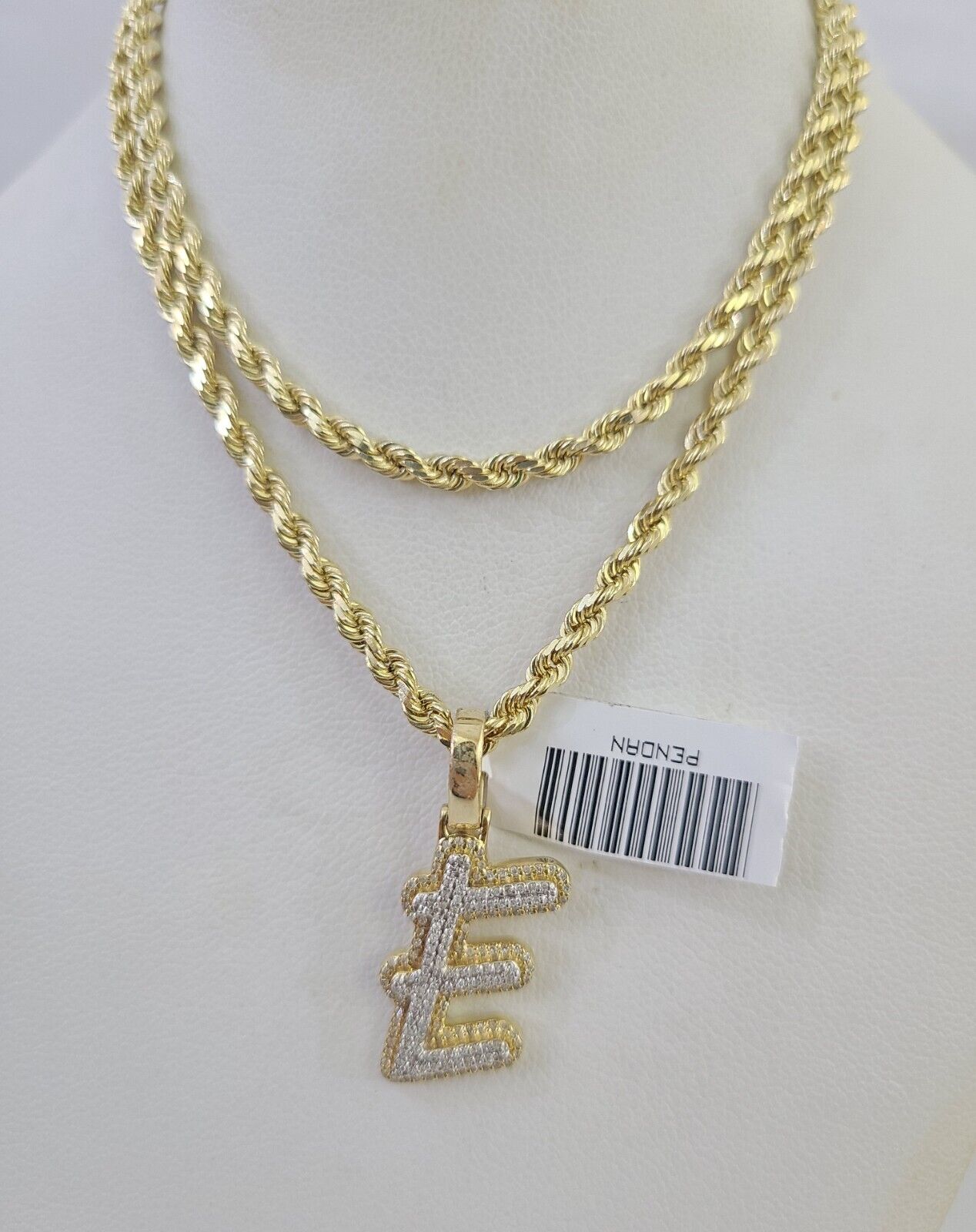 10k 3mm Rope Solid Chain E Diamond Pendant Alphabet 18" - 28" Gold Charm Necklace - GoldenlinQ