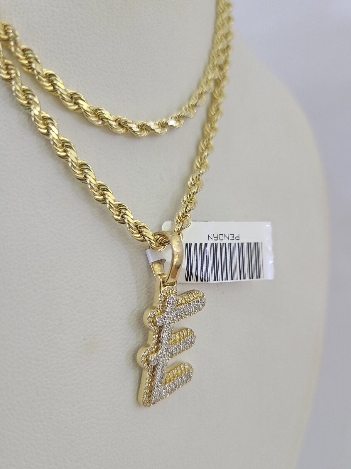 10k 3mm Rope Solid Chain E Diamond Pendant Alphabet 18" - 28" Gold Charm Necklace - GoldenlinQ