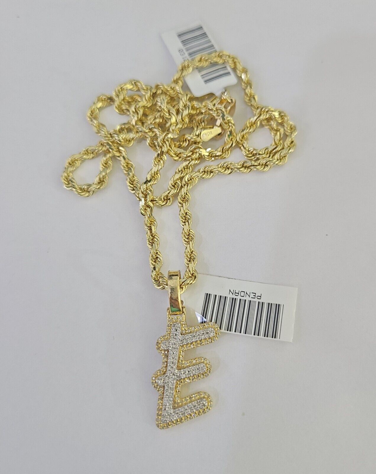 10k 3mm Rope Solid Chain E Diamond Pendant Alphabet 18" - 28" Gold Charm Necklace - GoldenlinQ