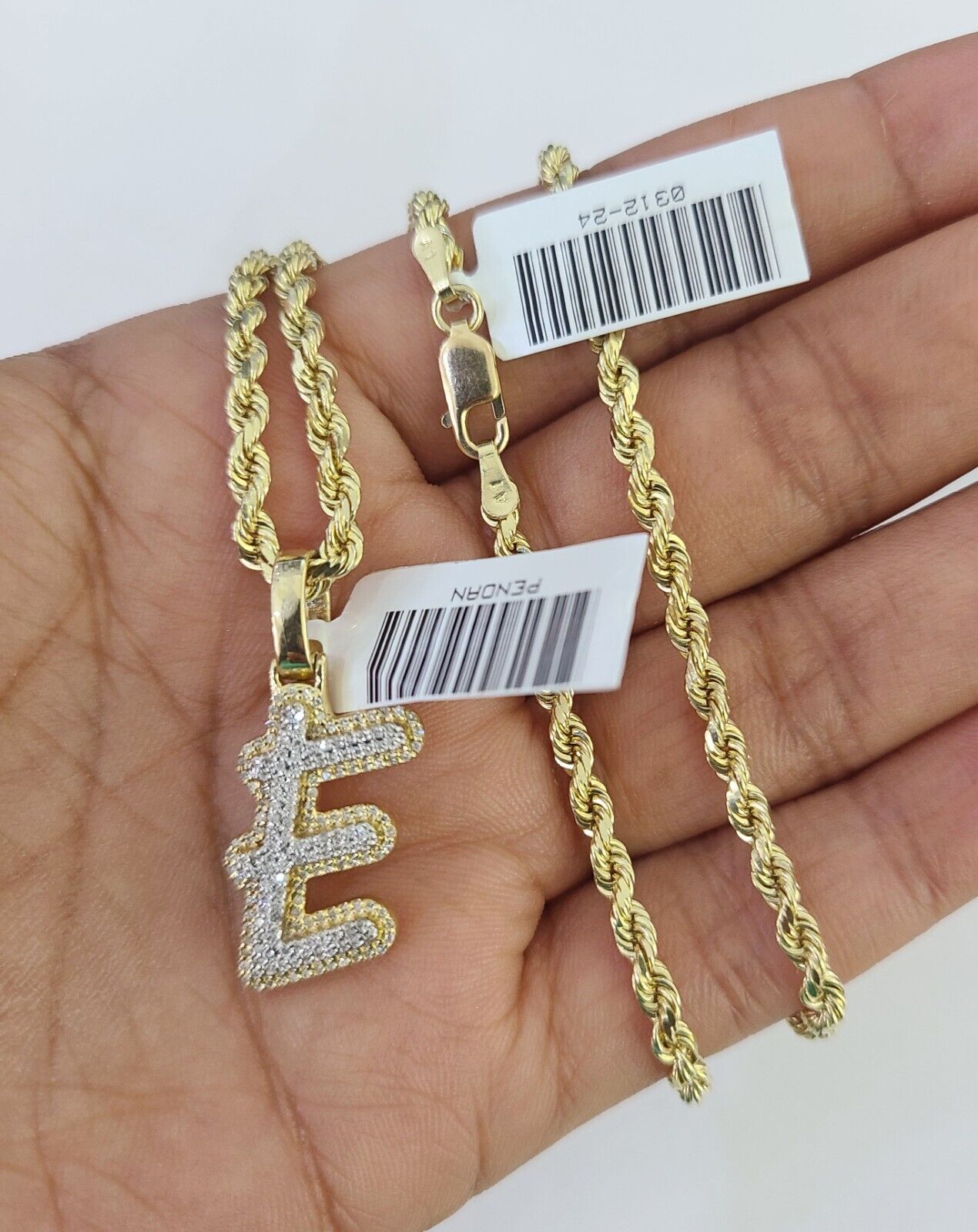 10k 3mm Rope Solid Chain E Diamond Pendant Alphabet 18" - 28" Gold Charm Necklace - GoldenlinQ