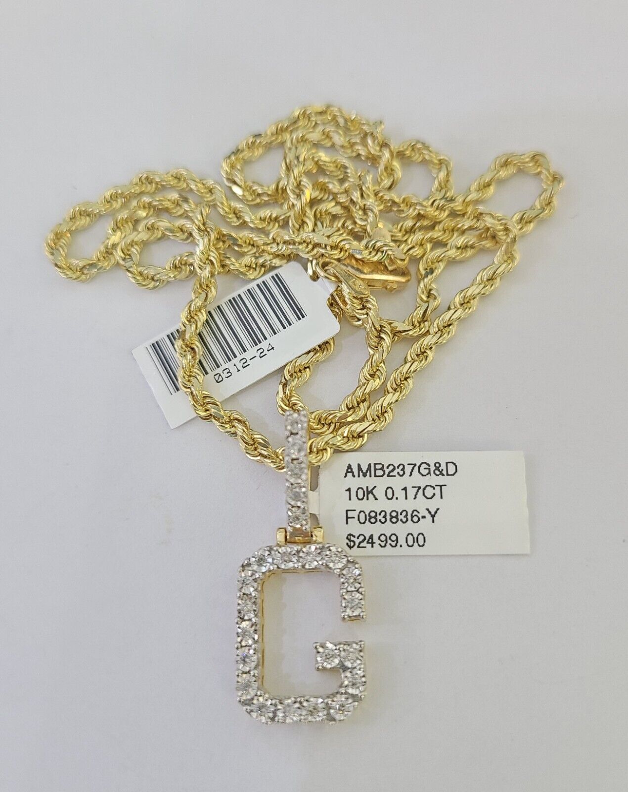 10k 3mm Rope Solid Chain G Diamond Pendant Alphabet 18" - 28" Gold Charm Necklace - GoldenlinQ
