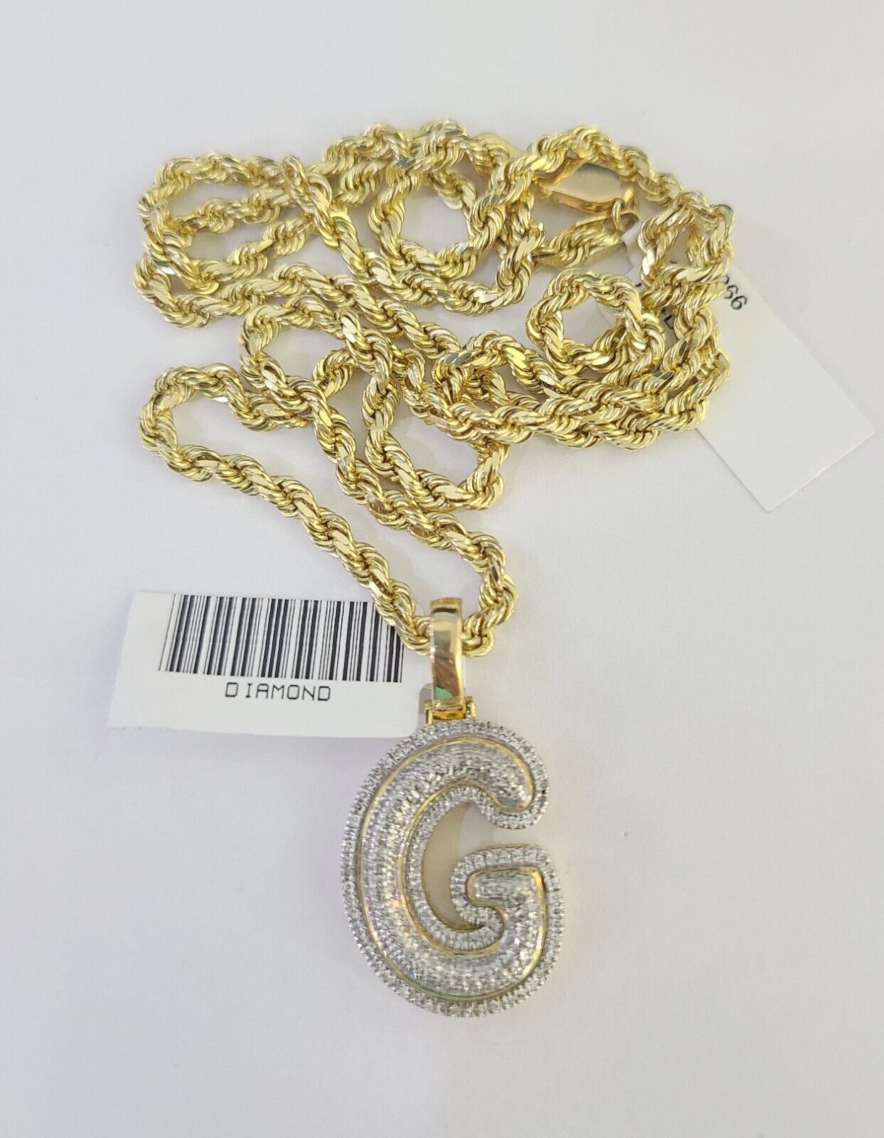 10k 3mm Rope Solid Chain G Diamond Pendant Alphabet 18" - 28" Gold Charm Necklace - GoldenlinQ